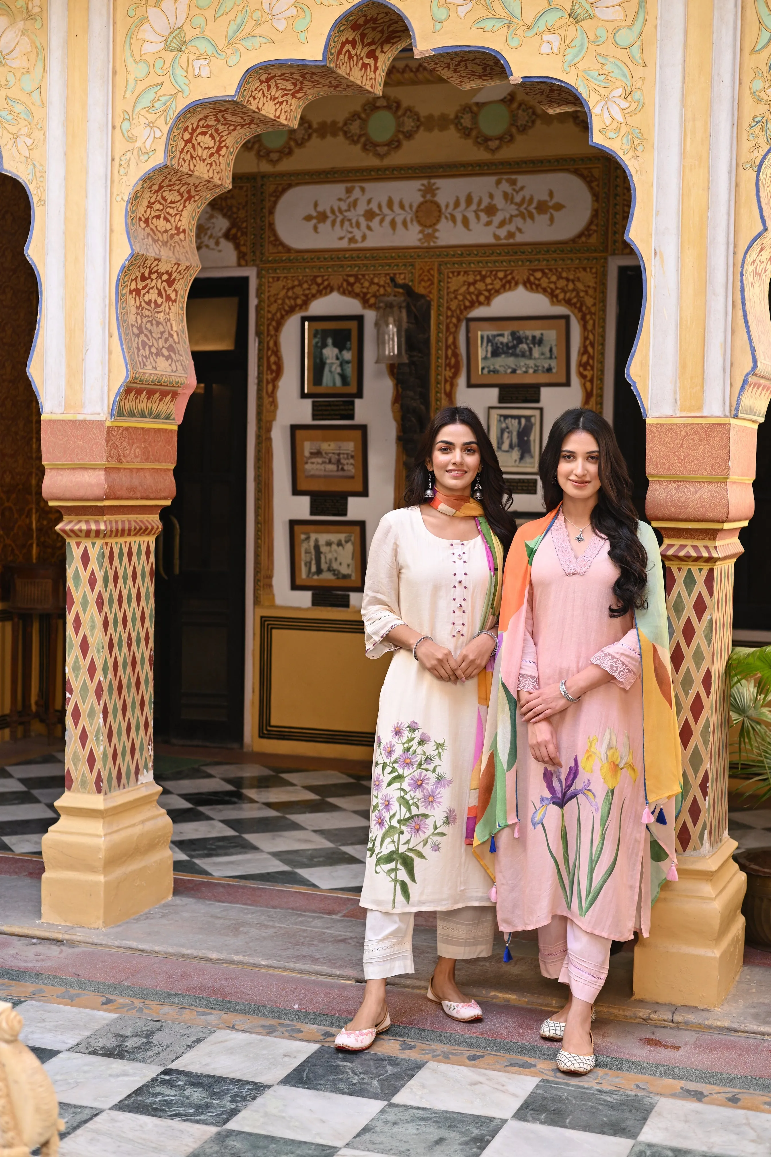 Off White Pure Linen Floral Print Placement Suit set with Multicoloured Dupatta