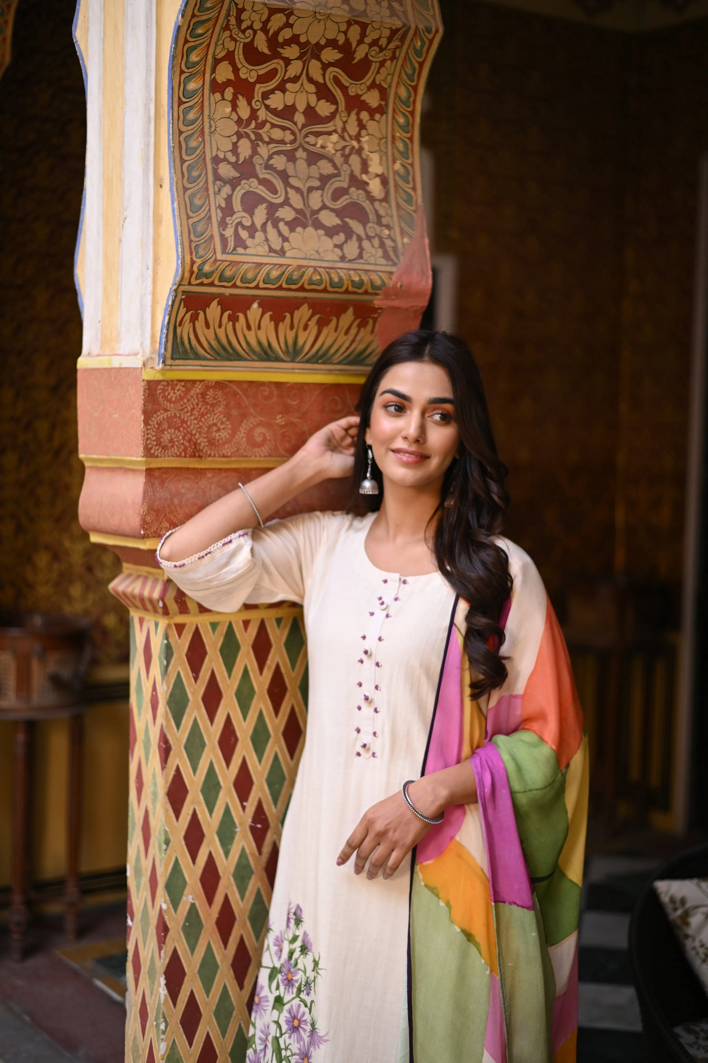 Off White Pure Linen Floral Print Placement Suit set with Multicoloured Dupatta