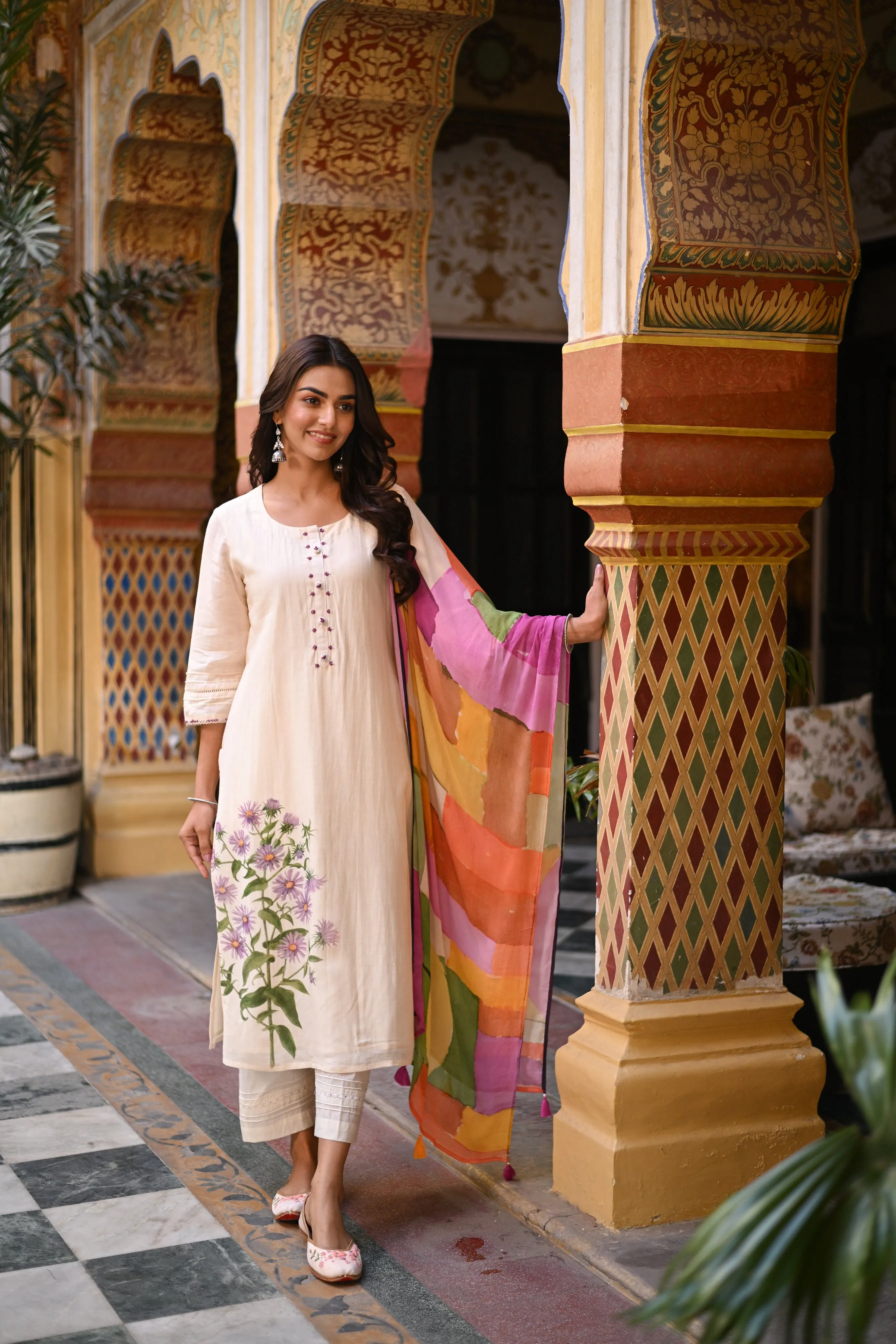 Off White Pure Linen Floral Print Placement Suit set with Multicoloured Dupatta