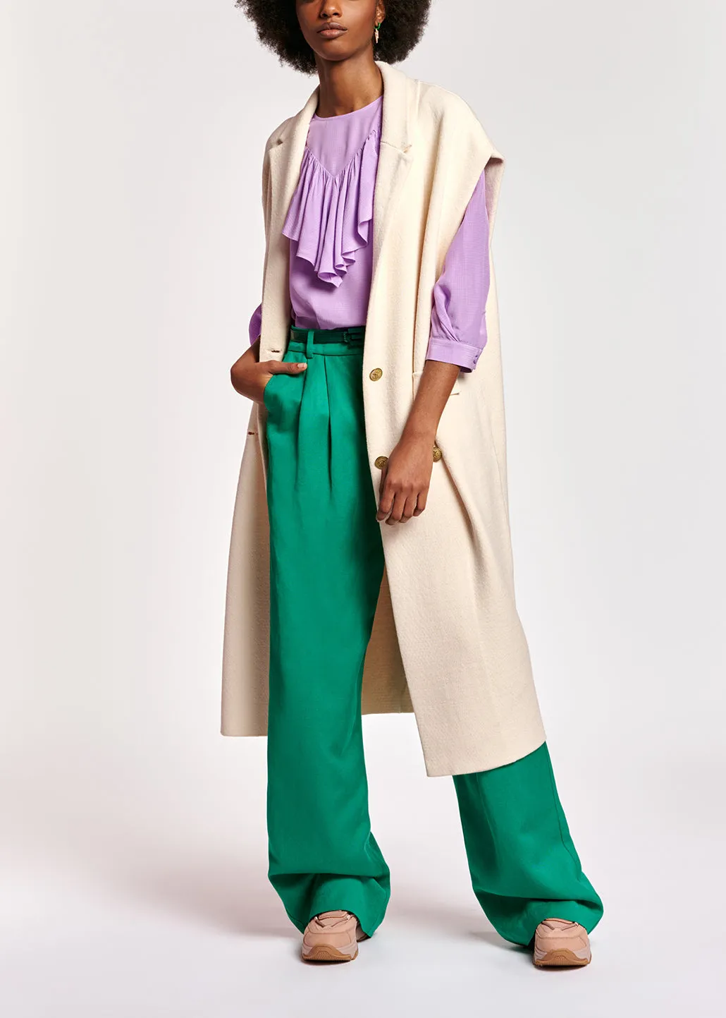 Off-white sleeveless midi-length cardigan