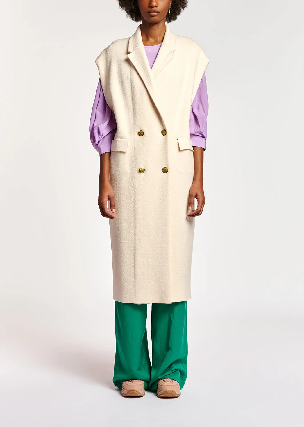 Off-white sleeveless midi-length cardigan