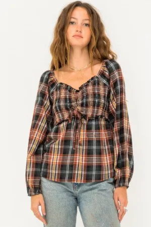 Olive   Brick Tie Front Plaid Blouse
