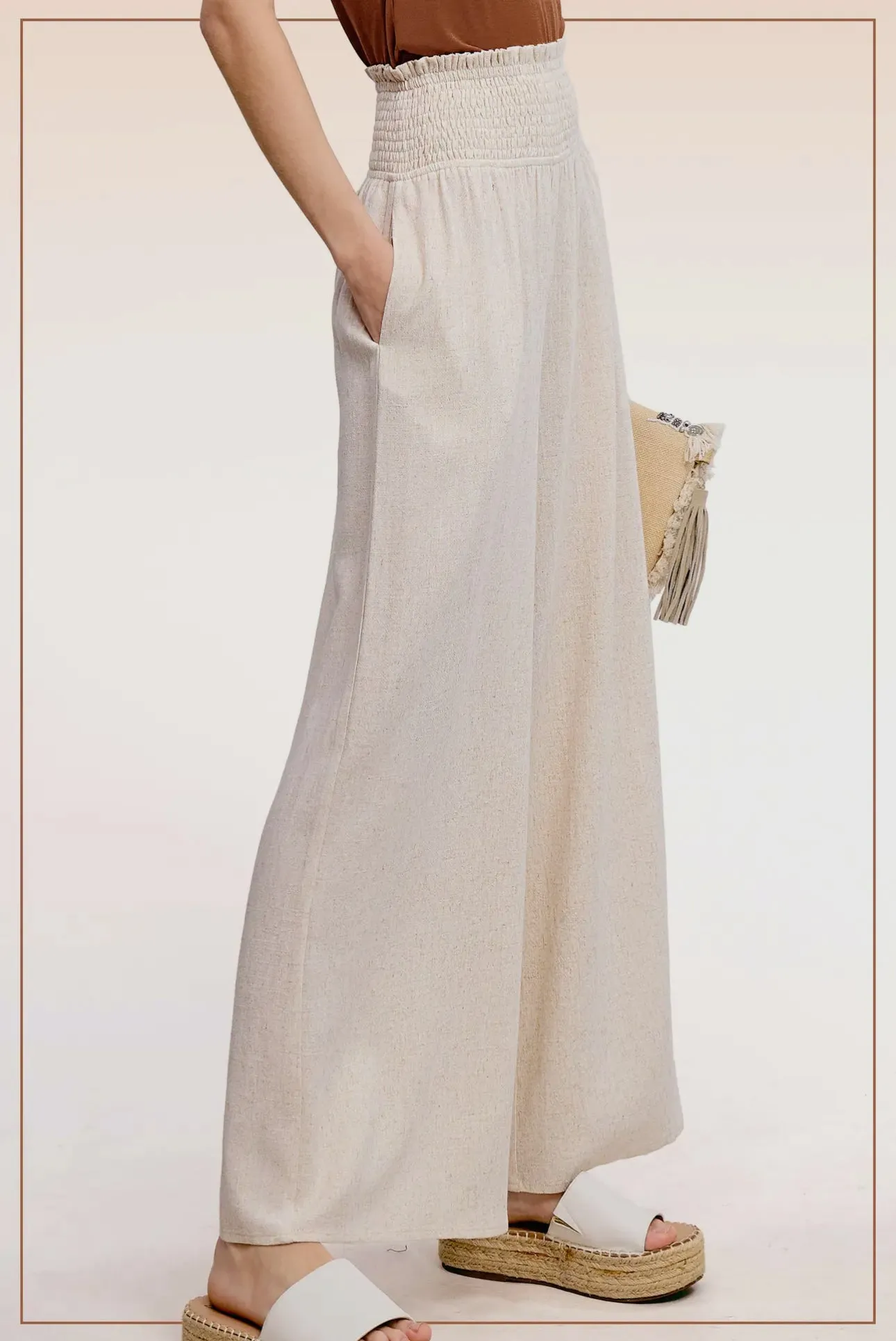 Olivia -Smocked Waist High Waist Pants with Side Pockets