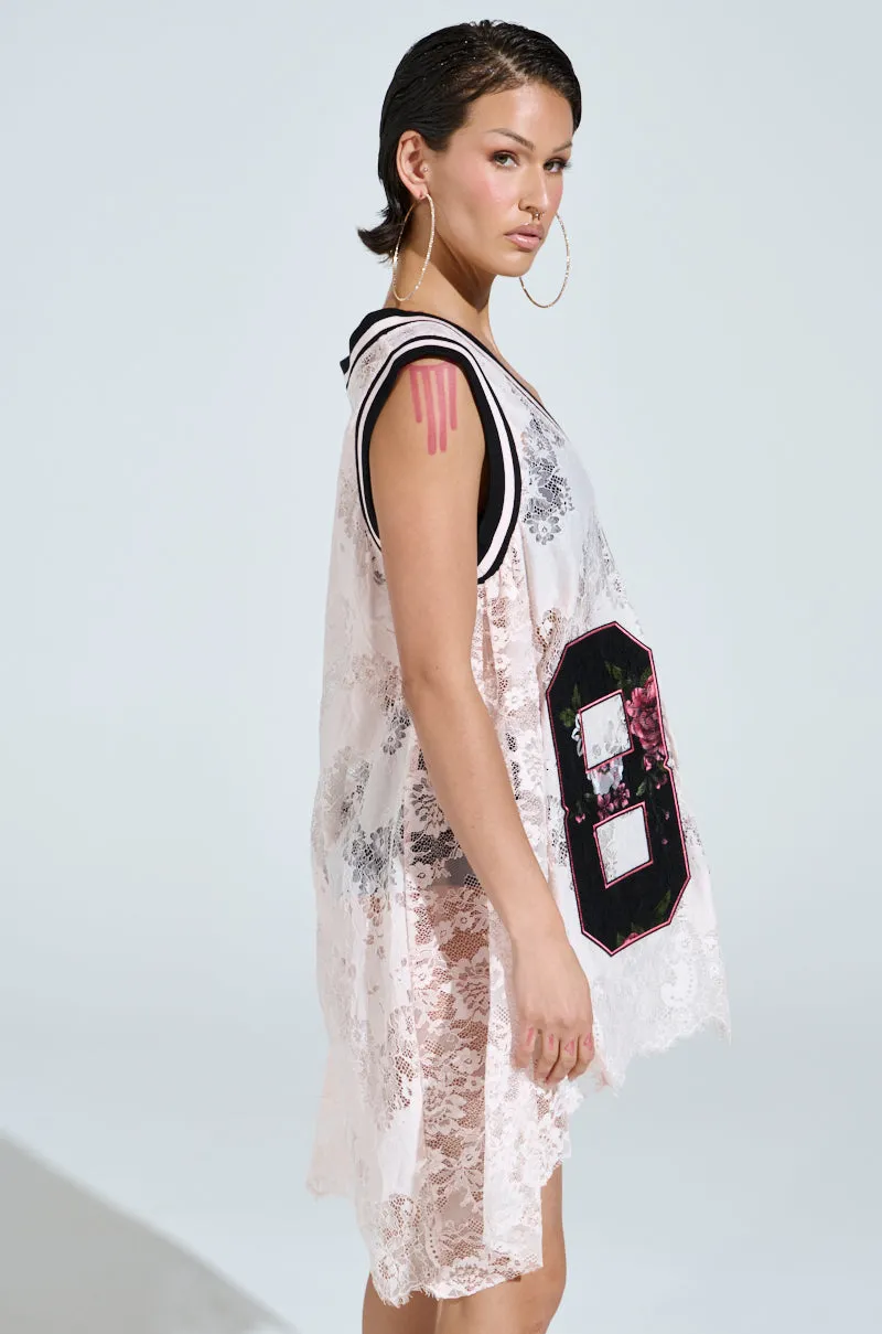 ON THE SIDELINES LACE JERSEY MINI DRESS IN PINK