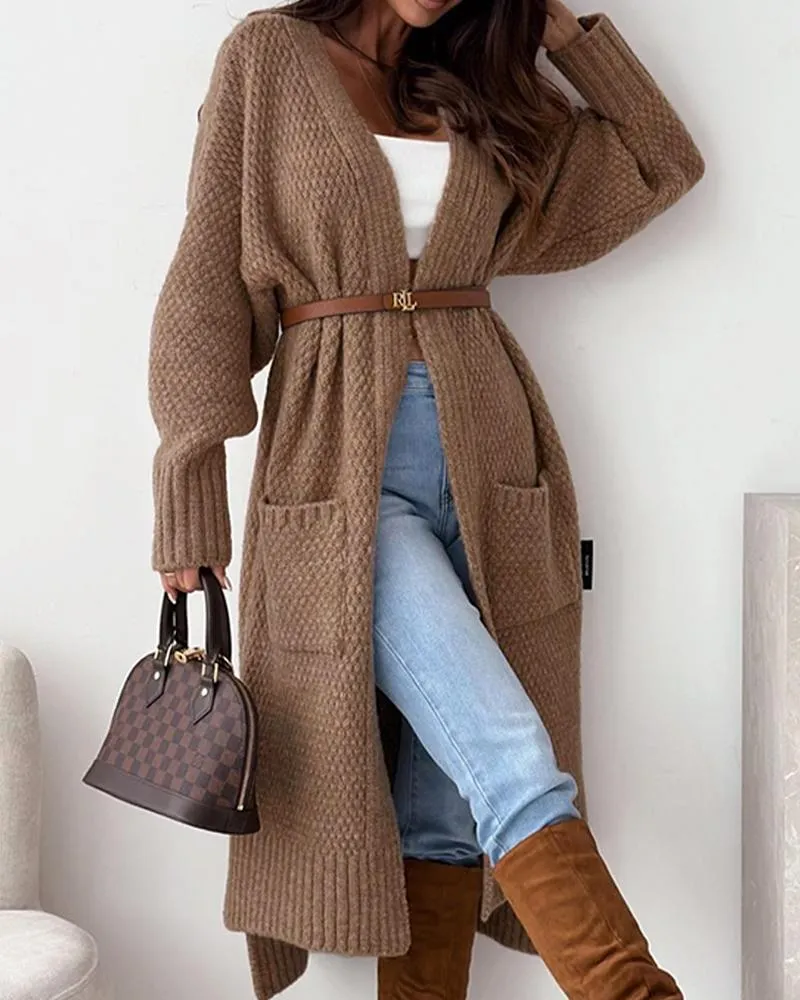 Open Front Pocket Design Longline Cardigan