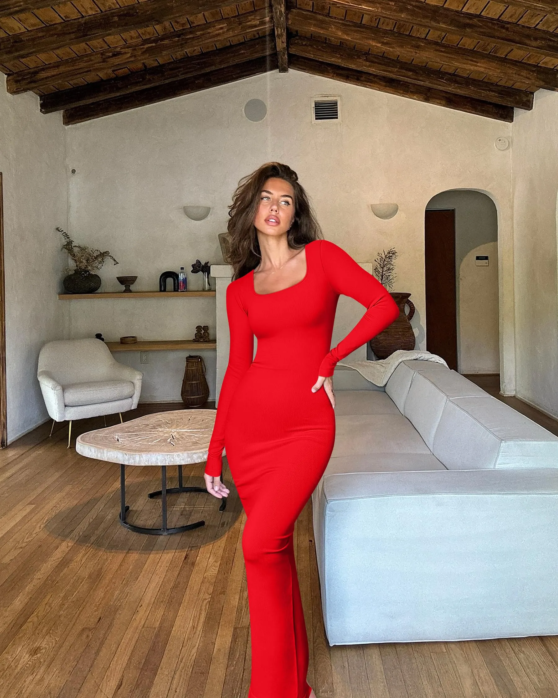 OQQ Women's Long Sleeve Maxi Dress Square Neck Ribbed Bodycon Lounge Soft Dresses