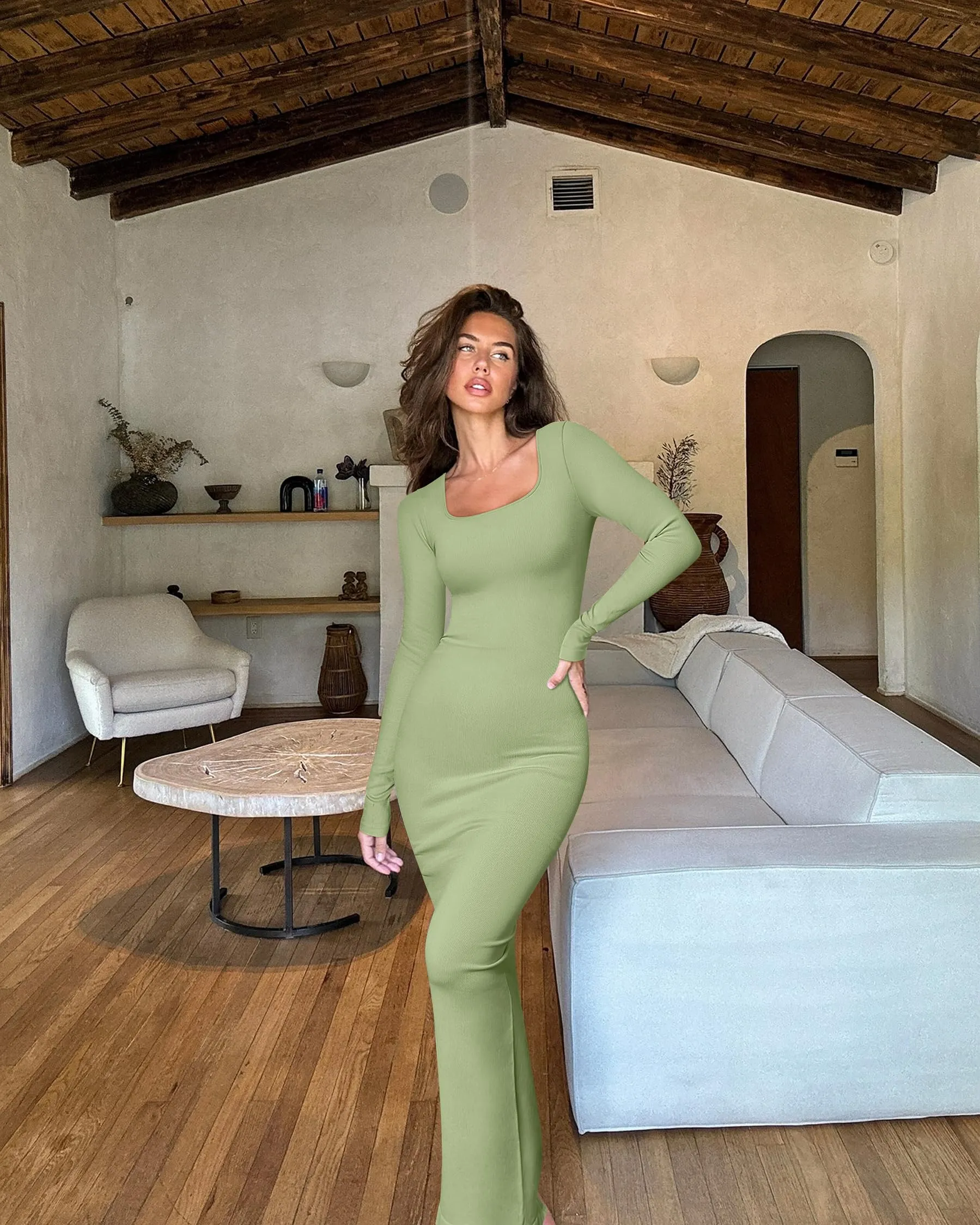 OQQ Women's Long Sleeve Maxi Dress Square Neck Ribbed Bodycon Lounge Soft Dresses