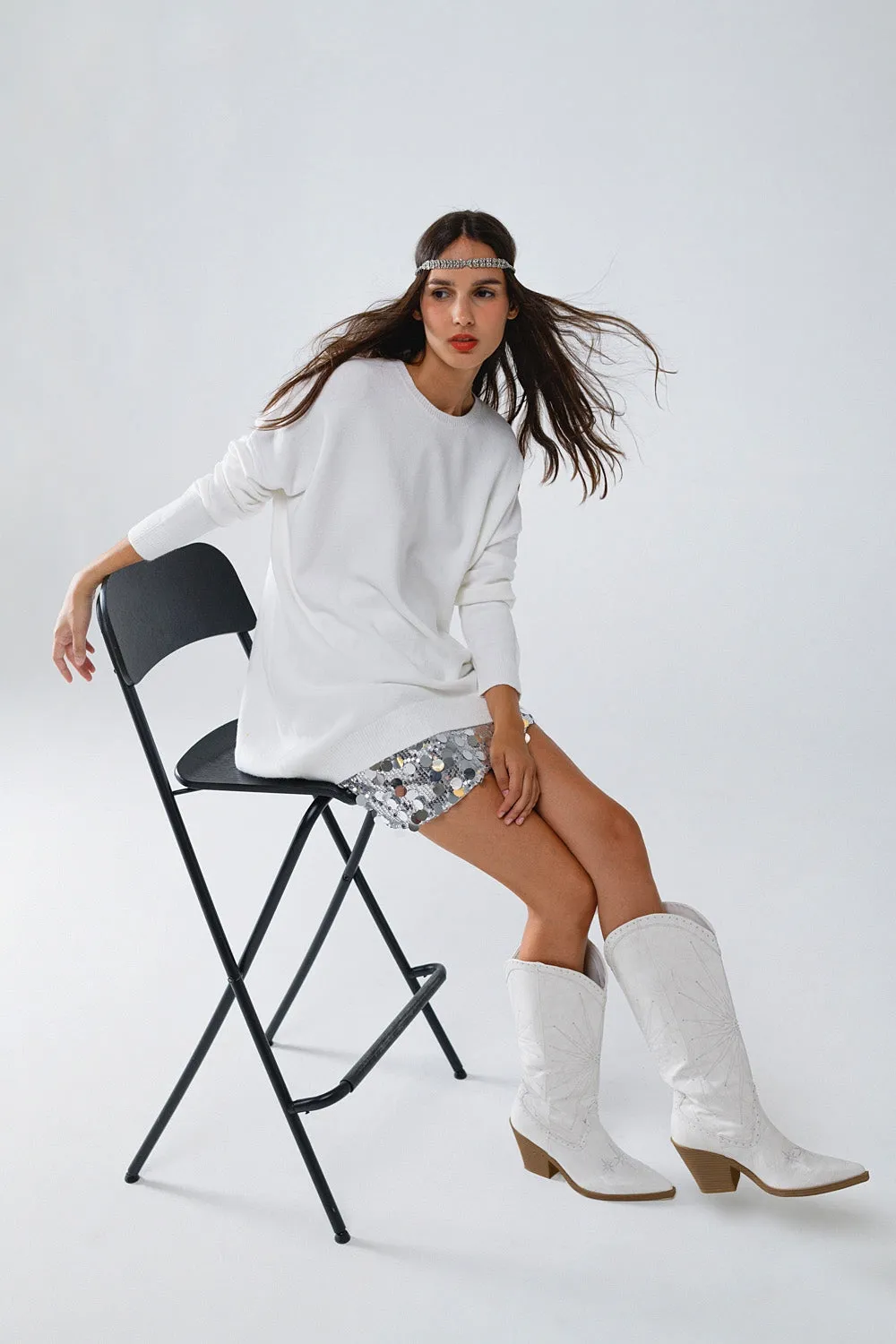 Oversized Crew Neck Long Sleeve Sweater in White