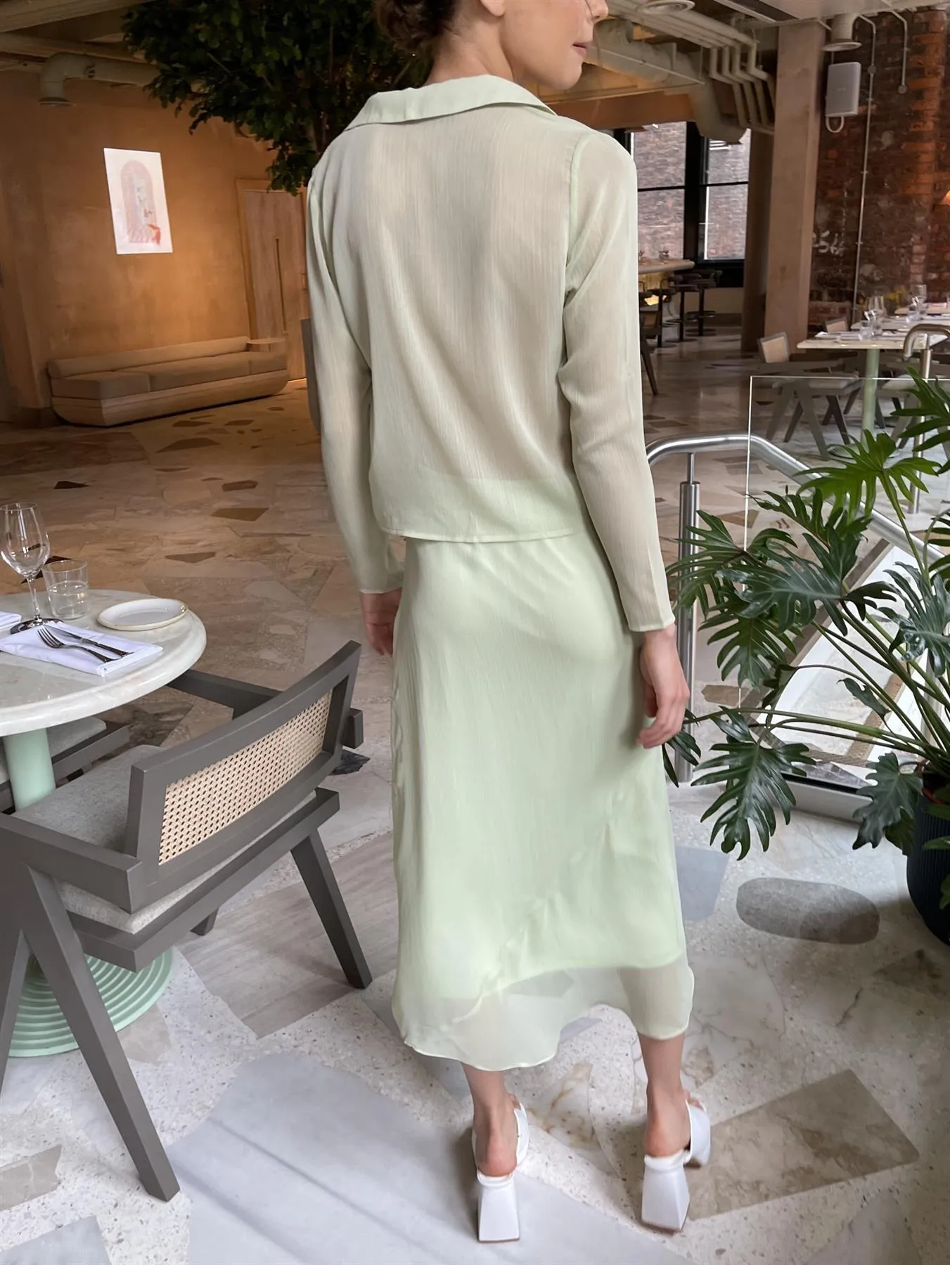 Pale-Green Tie-Front Long Sleeve-Top