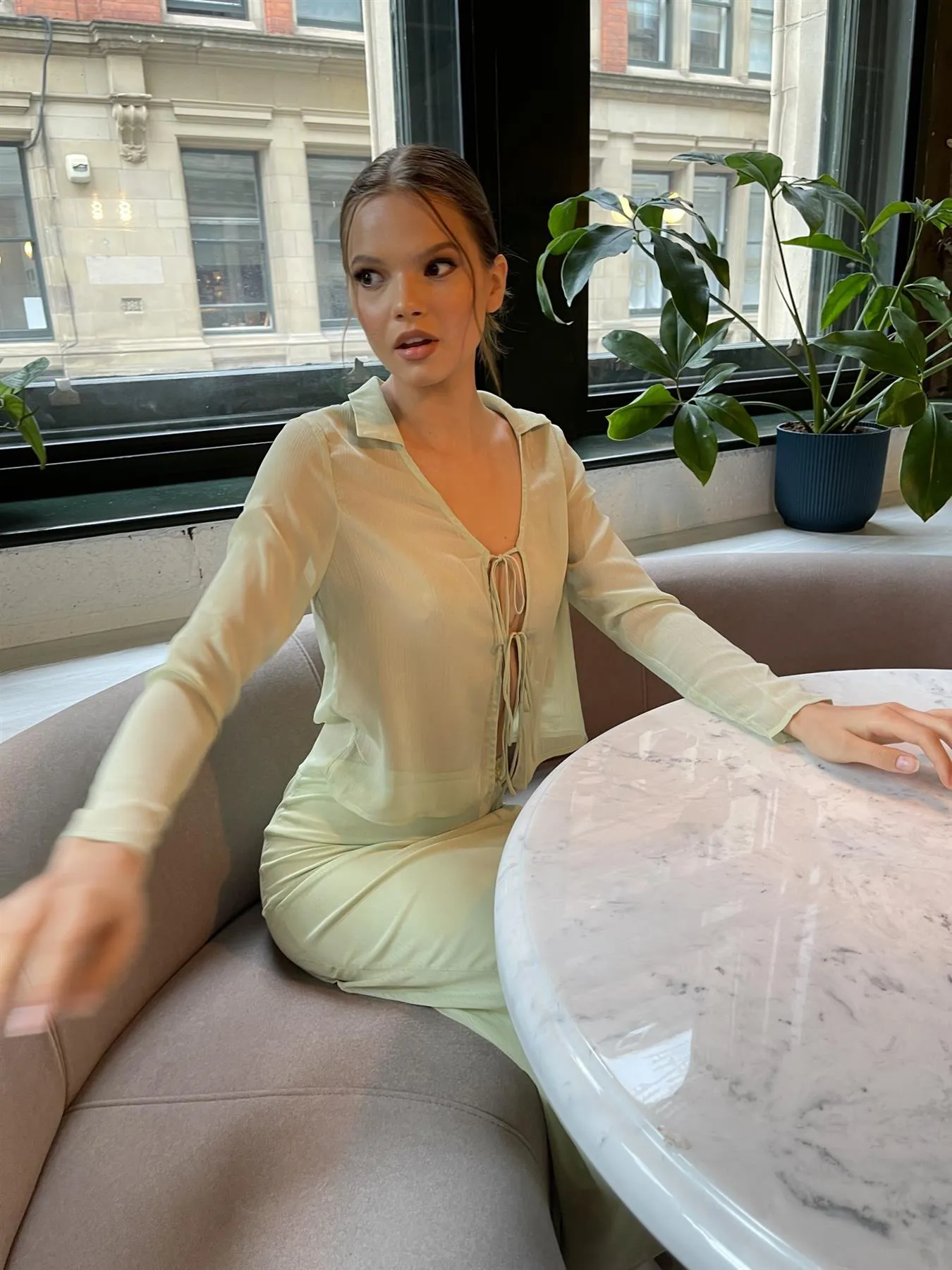 Pale-Green Tie-Front Long Sleeve-Top