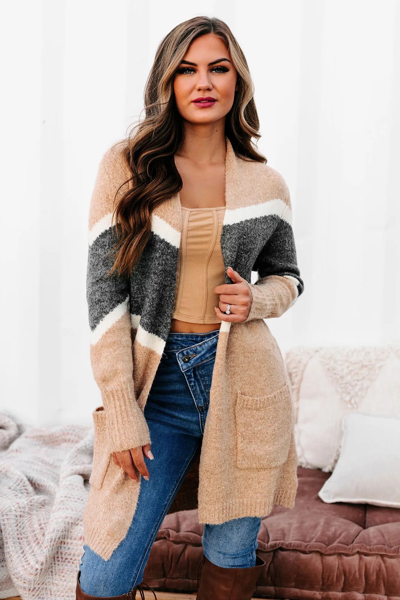 Passing Time Striped Open Front Cardigan (Taupe)