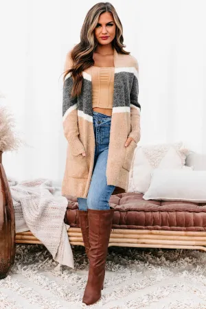 Passing Time Striped Open Front Cardigan (Taupe)
