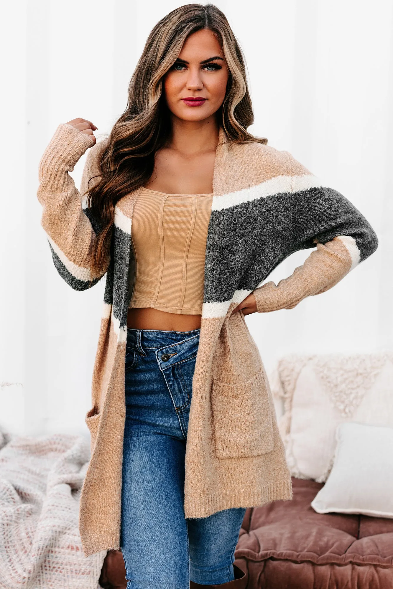 Passing Time Striped Open Front Cardigan (Taupe)