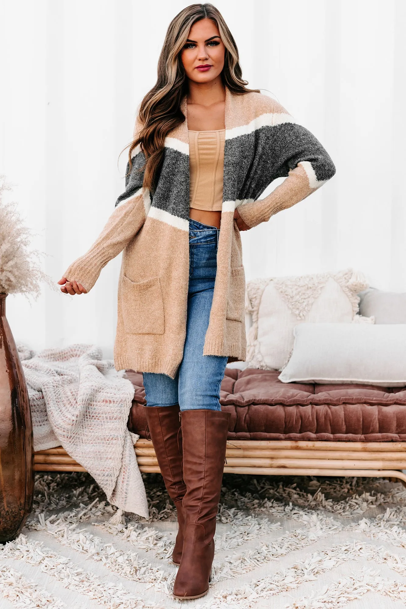 Passing Time Striped Open Front Cardigan (Taupe)