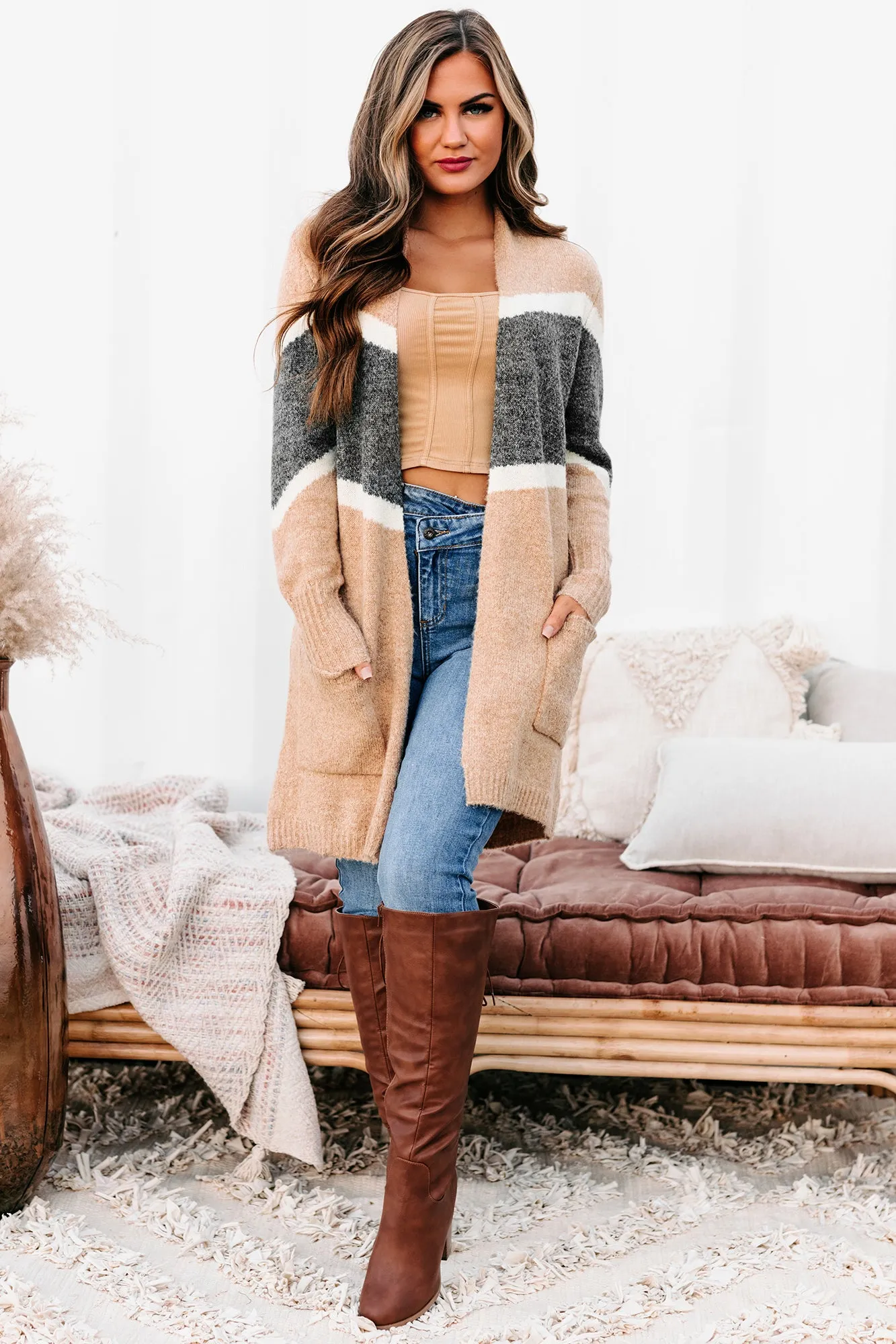 Passing Time Striped Open Front Cardigan (Taupe)