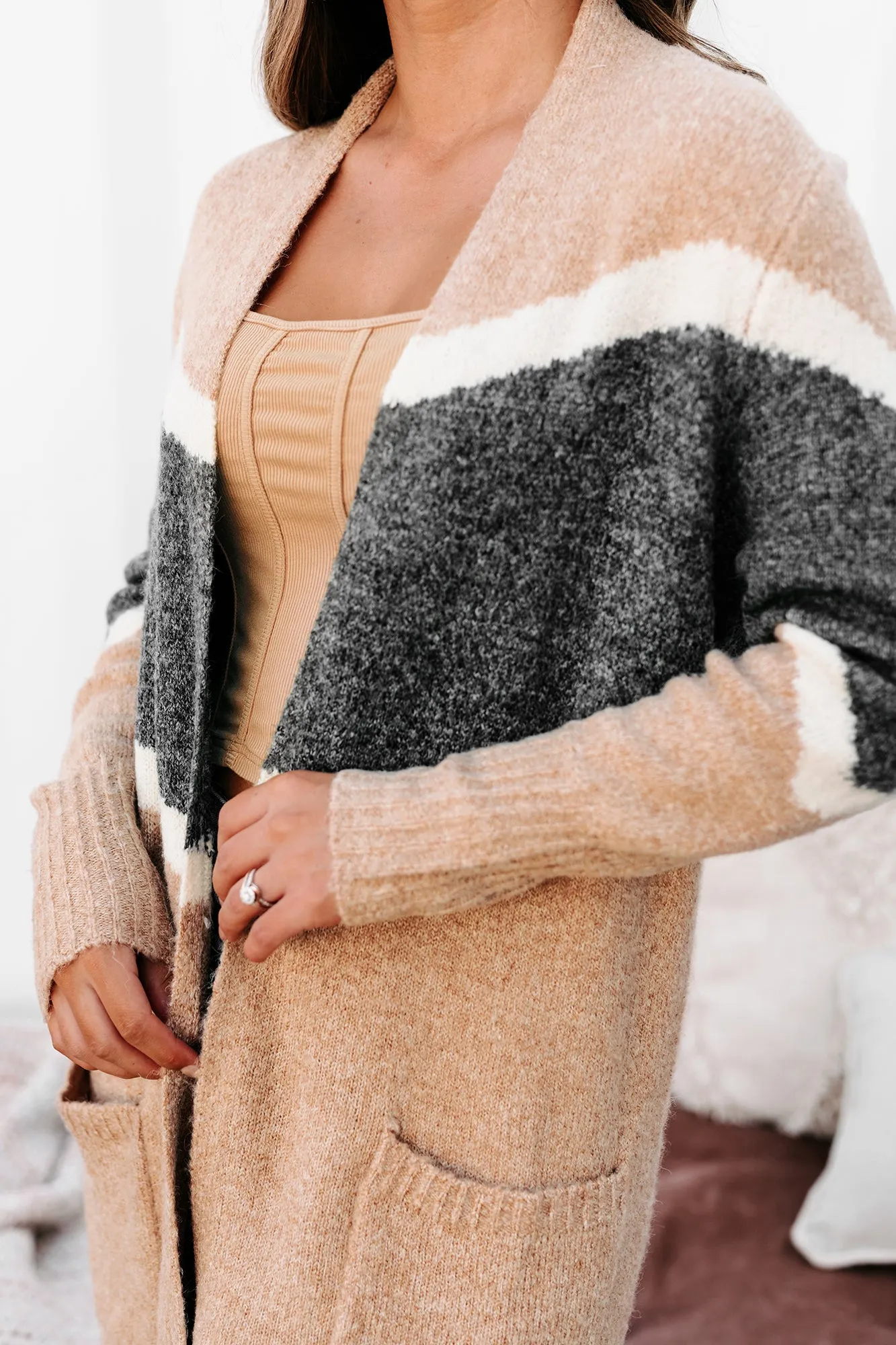 Passing Time Striped Open Front Cardigan (Taupe)