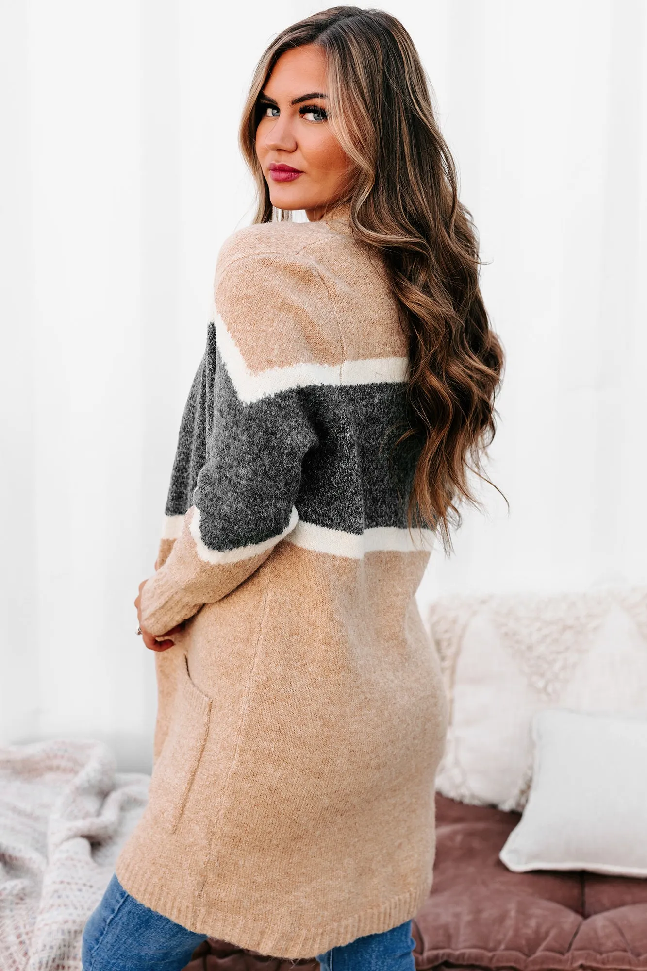 Passing Time Striped Open Front Cardigan (Taupe)