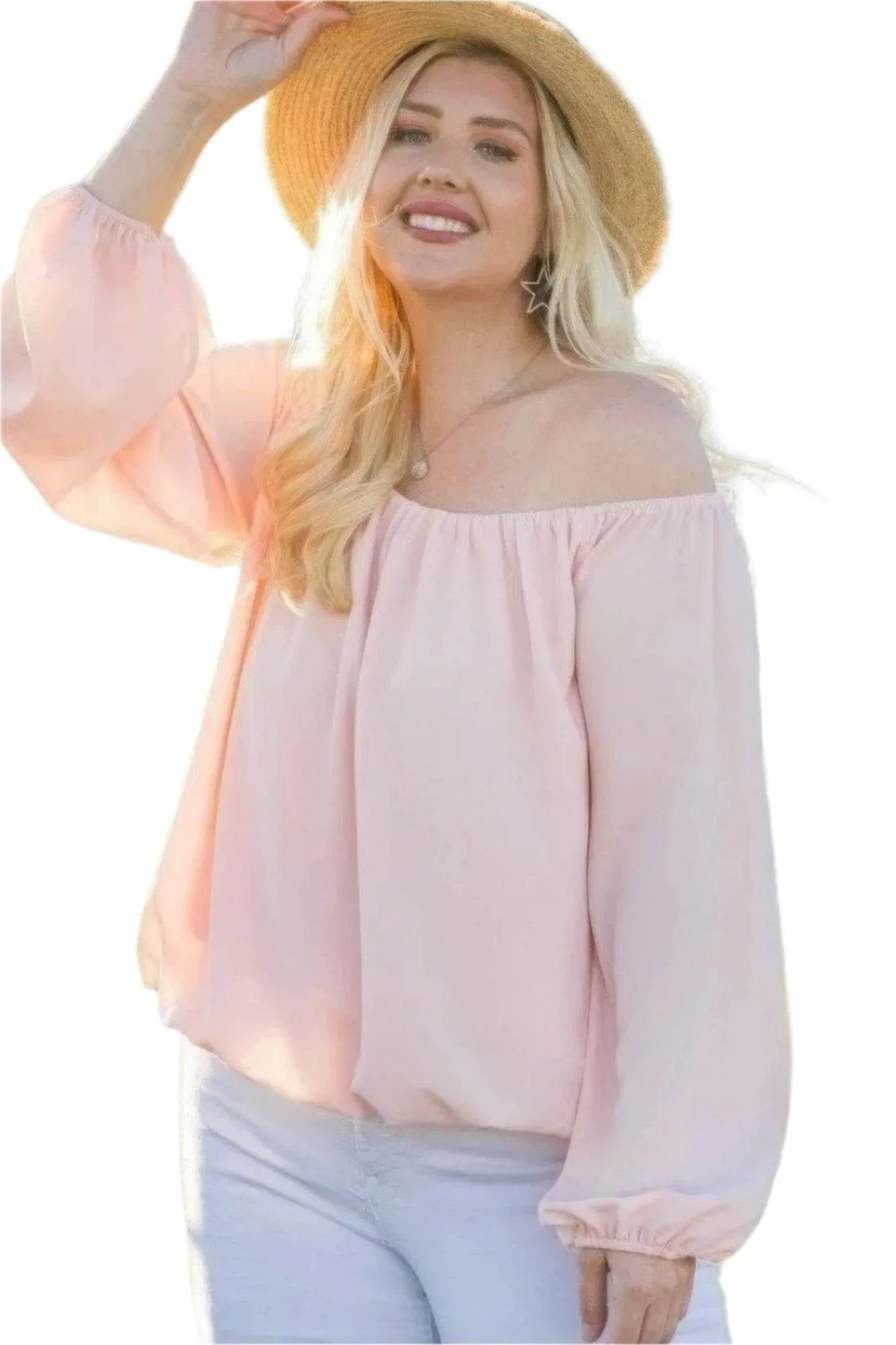 Pink Off Shoulder Long Bubble Sleeve Solid Top