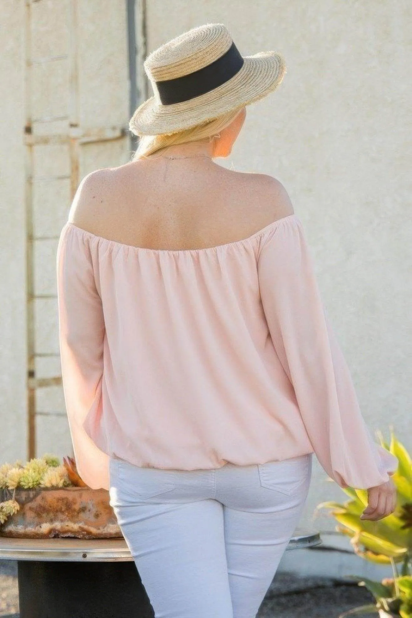 Pink Off Shoulder Long Bubble Sleeve Solid Top