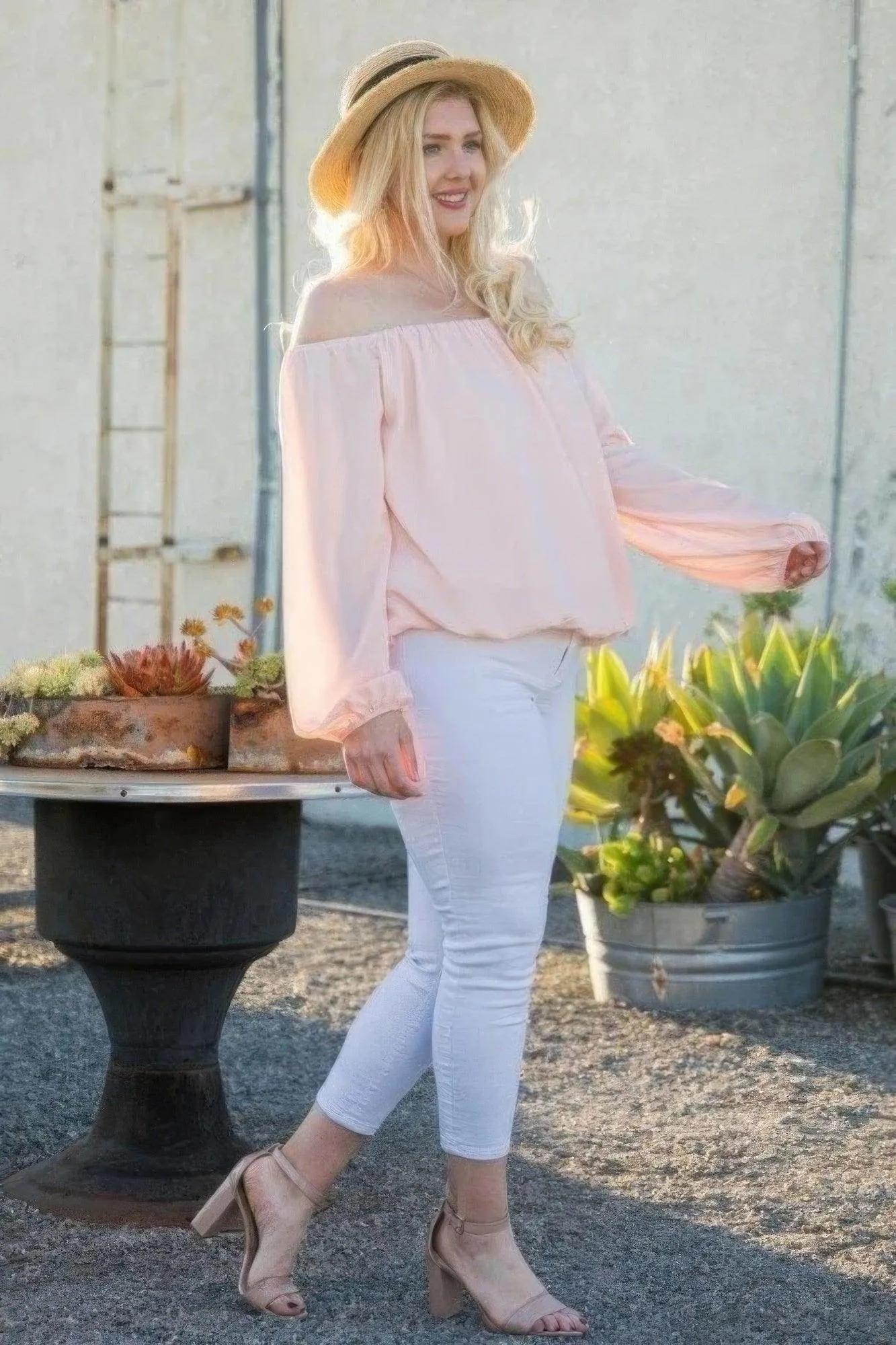 Pink Off Shoulder Long Bubble Sleeve Solid Top