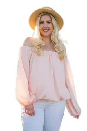 Pink Off Shoulder Long Bubble Sleeve Solid Top
