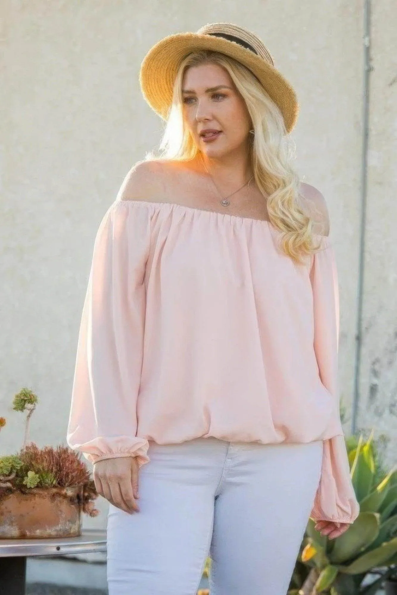 Pink Off Shoulder Long Bubble Sleeve Solid Top