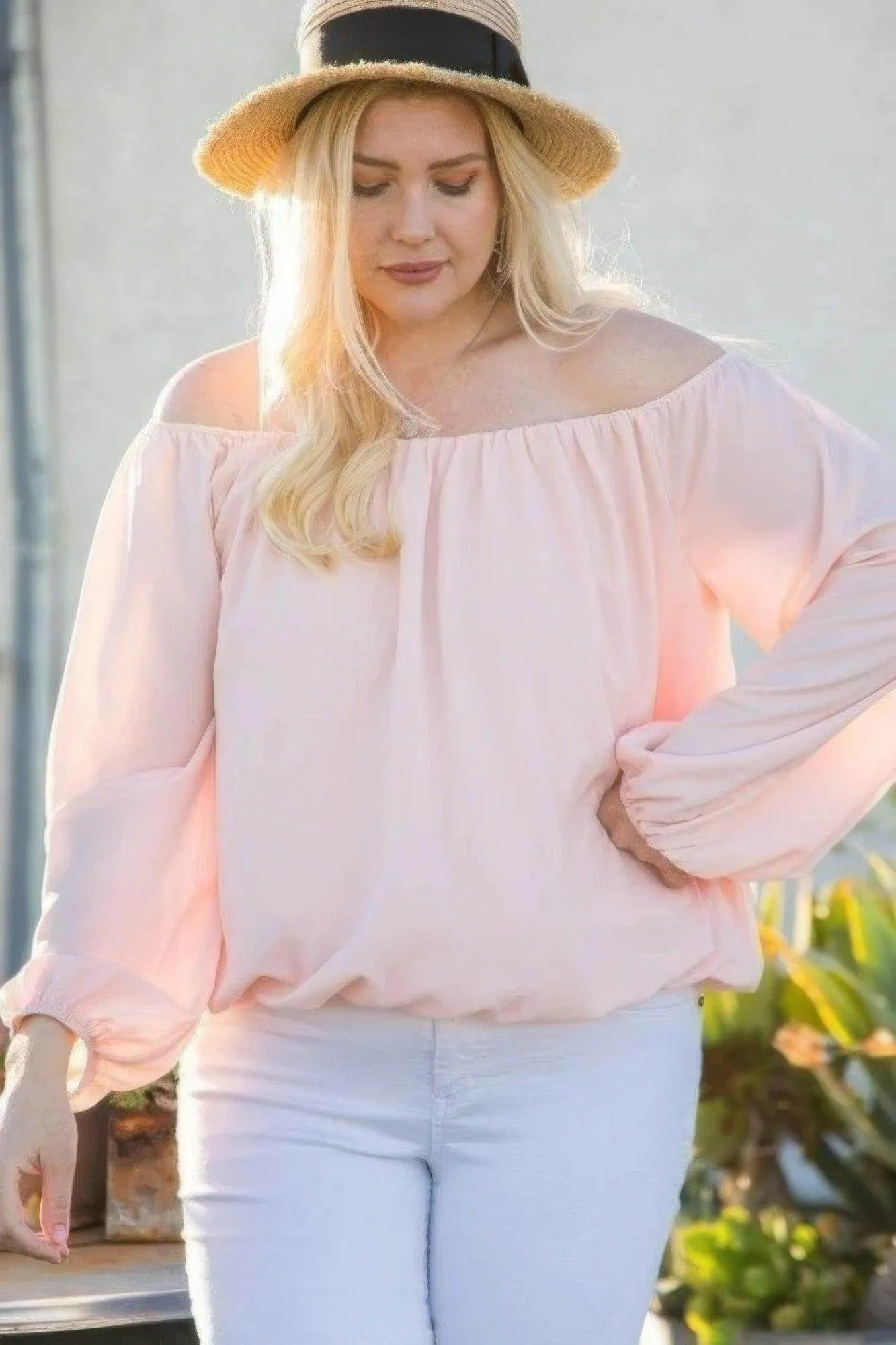 Pink Off Shoulder Long Bubble Sleeve Solid Top