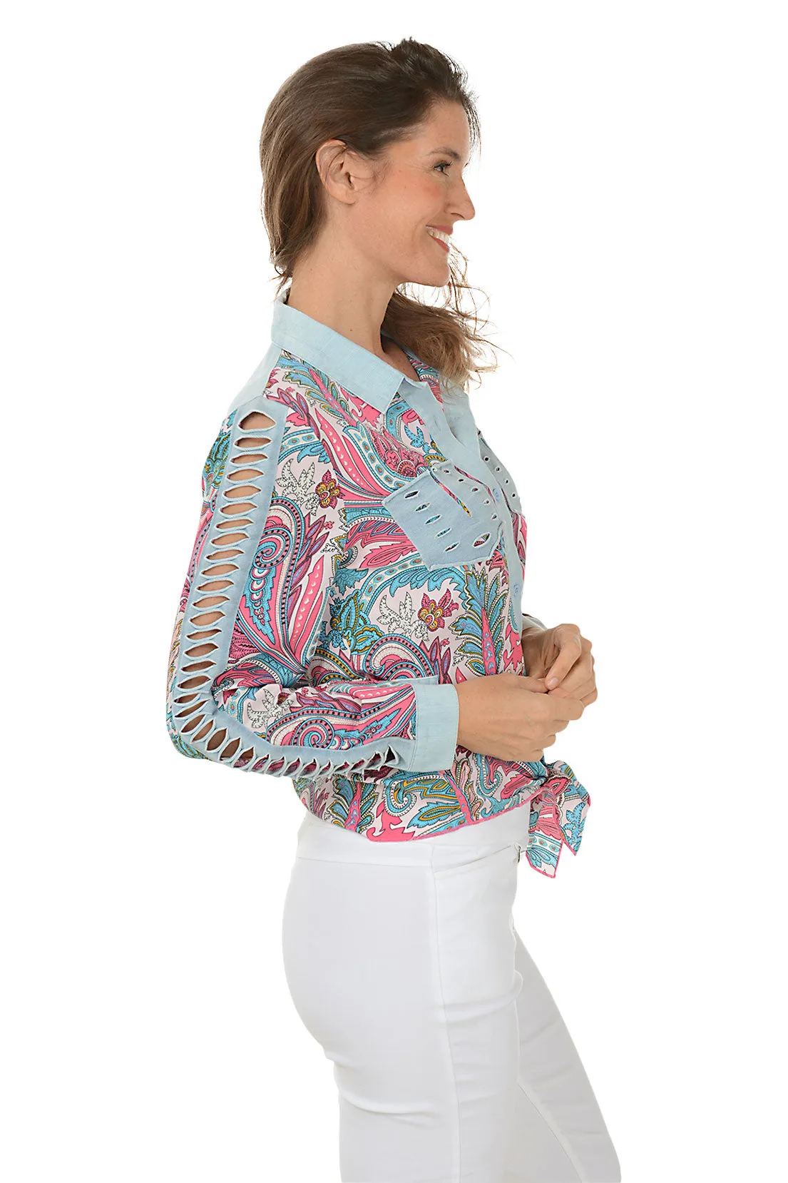 Pink Slashed Paisley Tie-Front Shirt