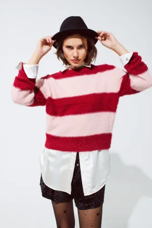 Pink sweater with stripes and a crew neck