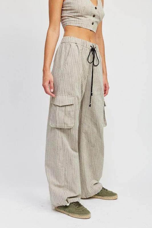Pinstripe Cargo Pants with Waist Drawstring