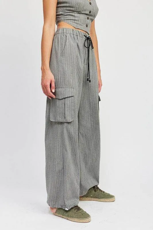 Pinstripe Cargo Pants with Waist Drawstring