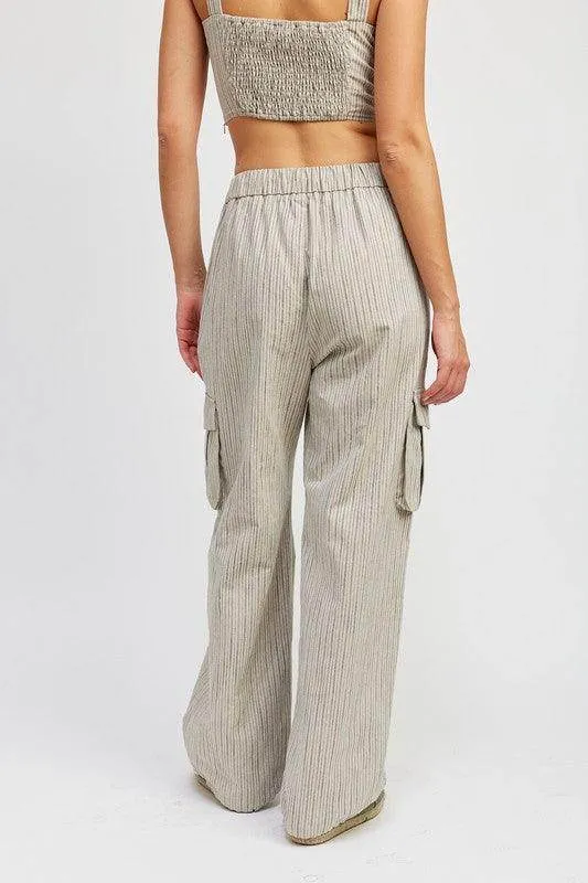 Pinstripe Cargo Pants with Waist Drawstring