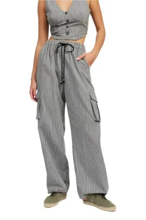 Pinstripe Cargo Pants with Waist Drawstring