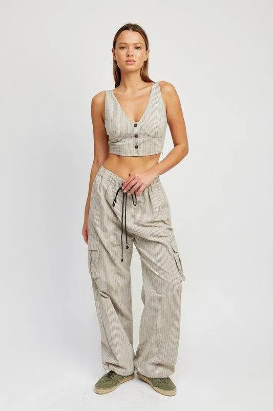 Pinstripe Cargo Pants with Waist Drawstring