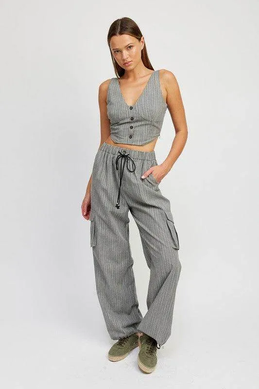 Pinstripe Cargo Pants with Waist Drawstring