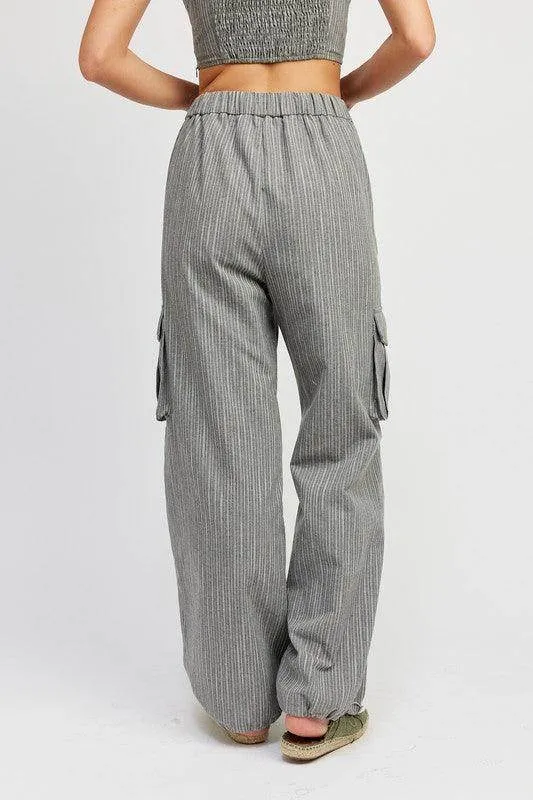 Pinstripe Cargo Pants with Waist Drawstring