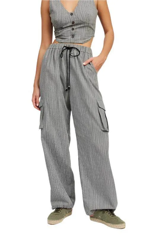 Pinstripe Cargo Pants with Waist Drawstring