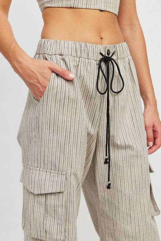 Pinstripe Cargo Pants with Waist Drawstring