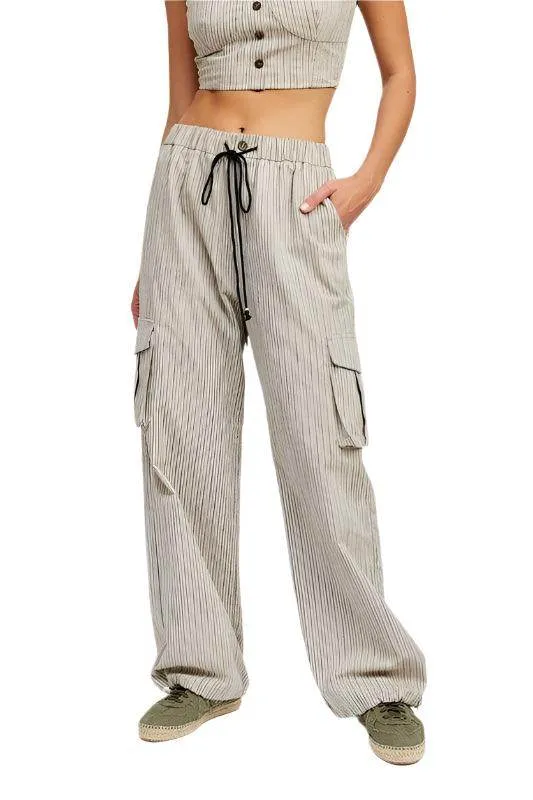 Pinstripe Cargo Pants with Waist Drawstring