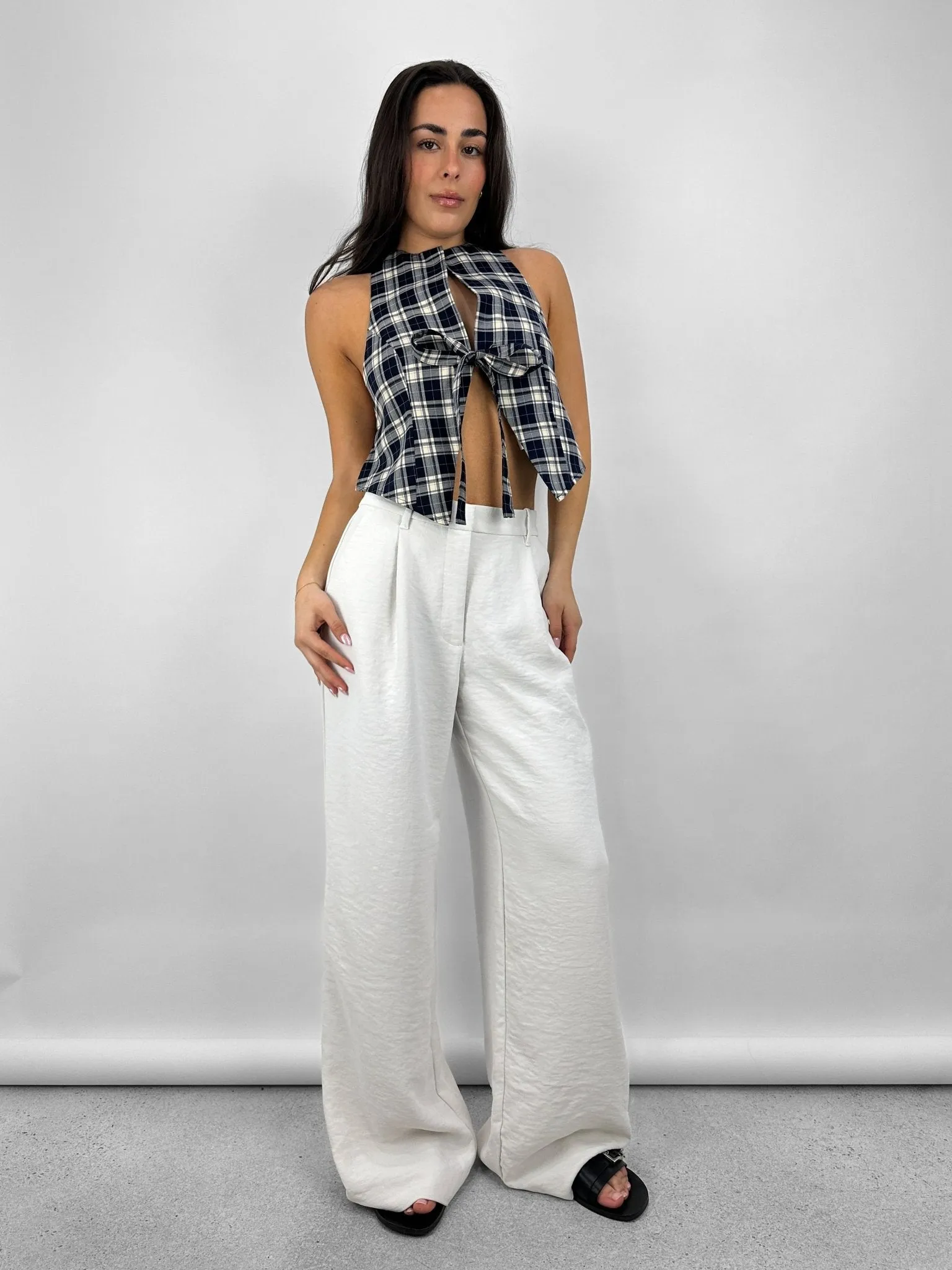Plaid Tie Front Open Back Top