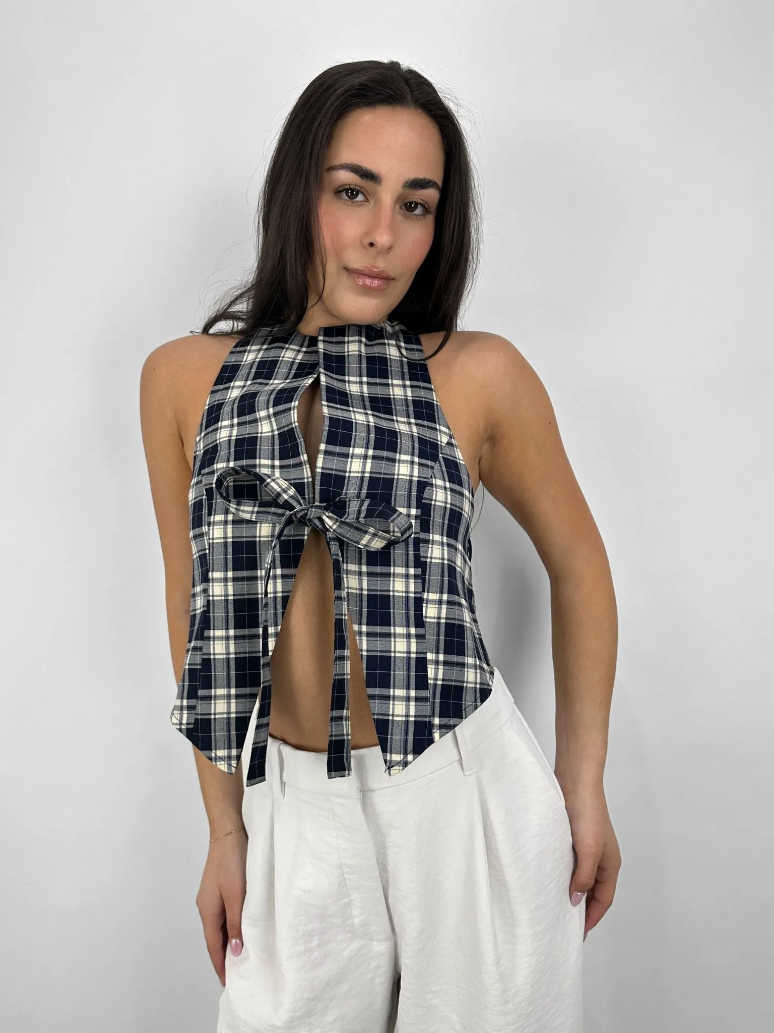 Plaid Tie Front Open Back Top