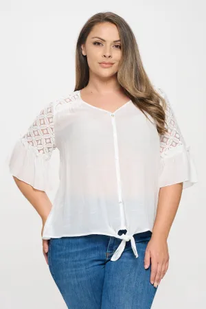 PLUS  CROCHET LACE YOKE BELL TIE FRONT BLOUSE