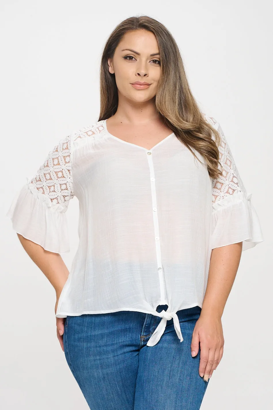 PLUS  CROCHET LACE YOKE BELL TIE FRONT BLOUSE