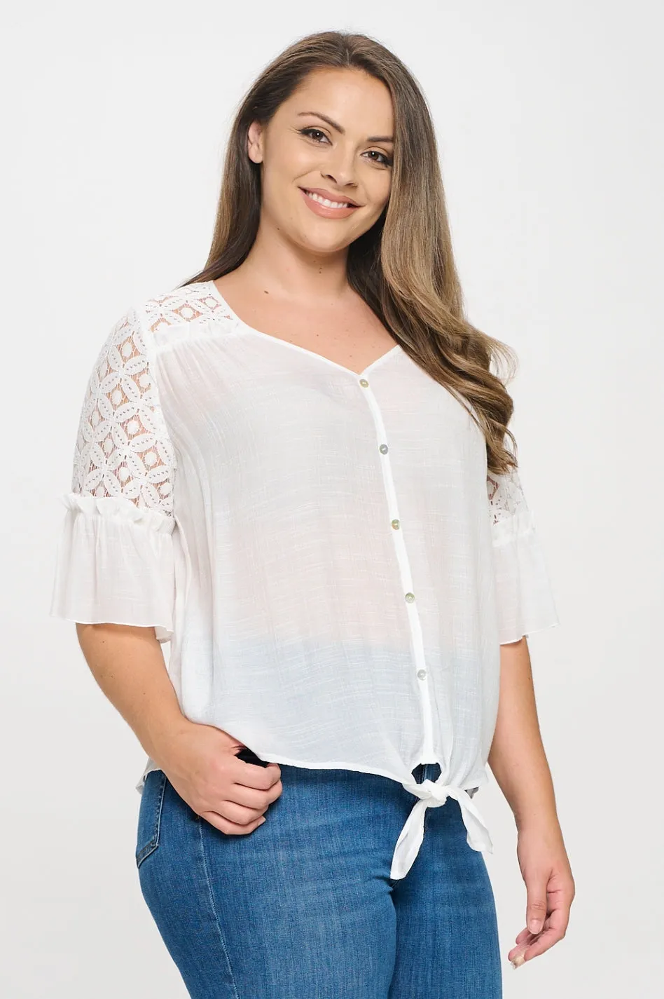 PLUS  CROCHET LACE YOKE BELL TIE FRONT BLOUSE