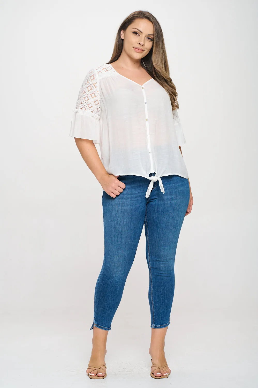 PLUS  CROCHET LACE YOKE BELL TIE FRONT BLOUSE