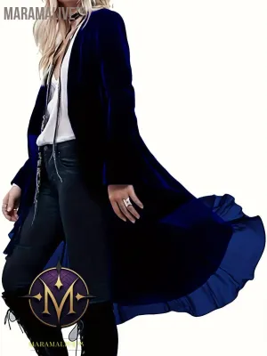 Plus Size Elegant Cardigan, Women's Plus Solid Velvet Long Sleeve Open Front Ruffle Trim Longline Cardigan