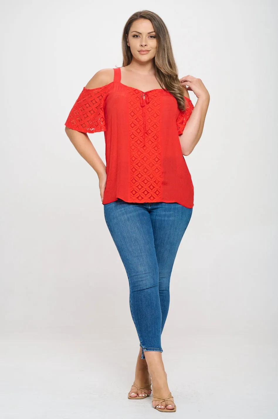 PLUS  TIE FRONT LACE COLD SHOULDER BLOUSE