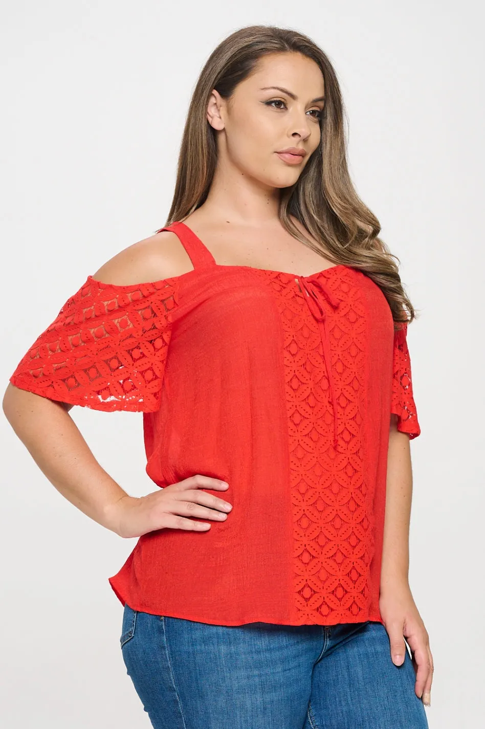 PLUS  TIE FRONT LACE COLD SHOULDER BLOUSE