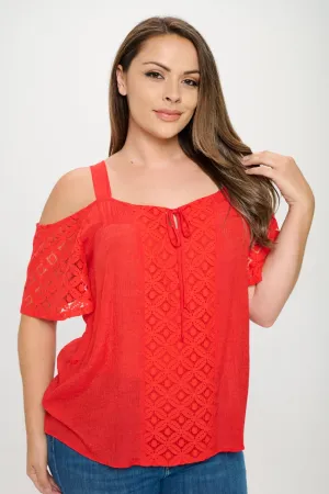 PLUS  TIE FRONT LACE COLD SHOULDER BLOUSE