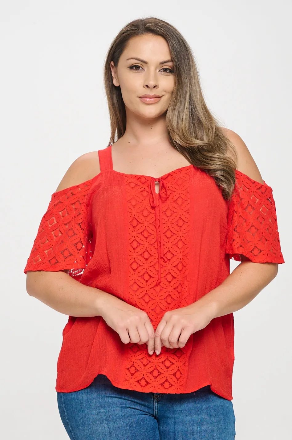 PLUS  TIE FRONT LACE COLD SHOULDER BLOUSE